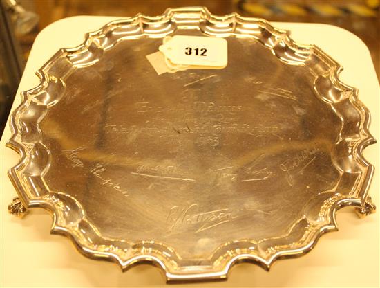 Silver presentation salver, inscribed with facsimile signatures etc